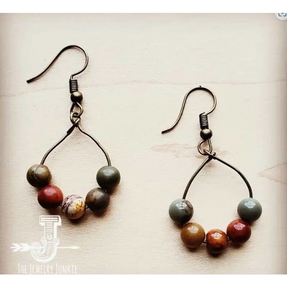 Picasso Jasper Beaded Small Dangle Drop Hoop Earring - Picture 1 of 2